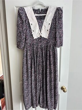 Vtg  Big White Collar Act 1 I NY Prairie Cottage Core Midi Dress Size M